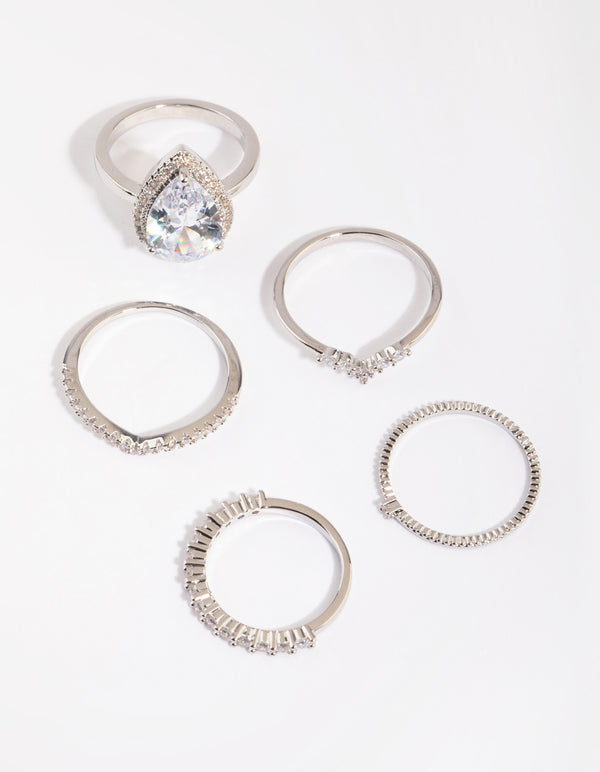 Silver Cubic Zirconia Statement Ring 5-Pack