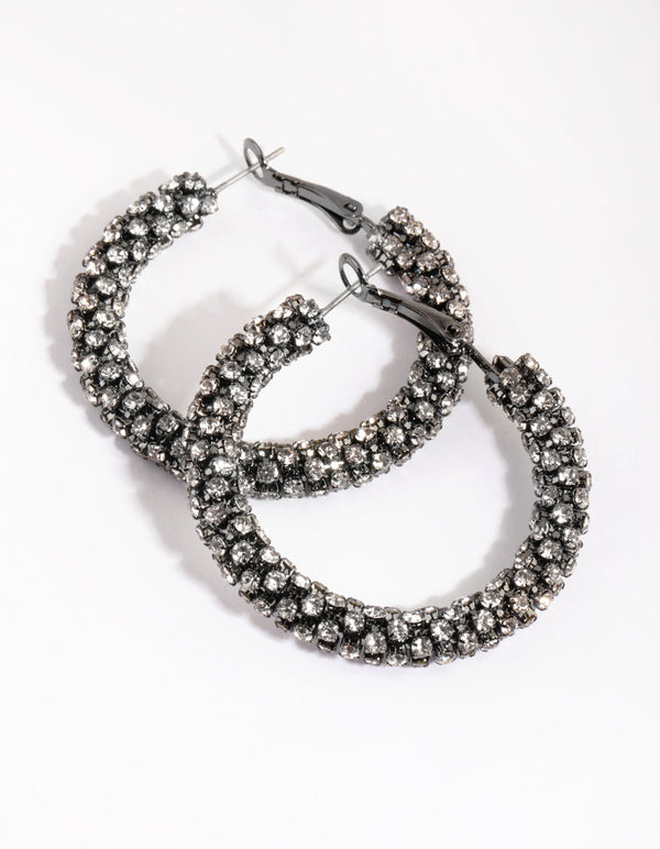 Gunmetal Diamante Hoop Earrings