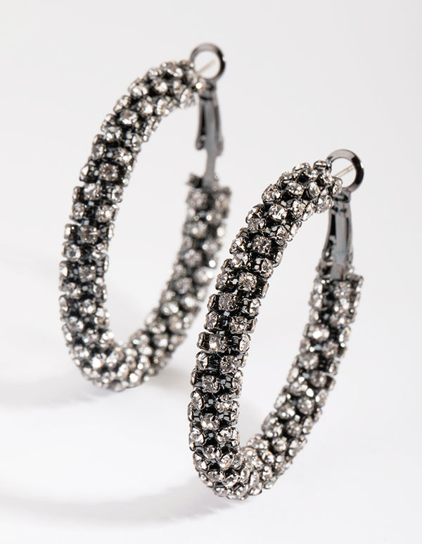 Gunmetal Diamante Hoop Earrings