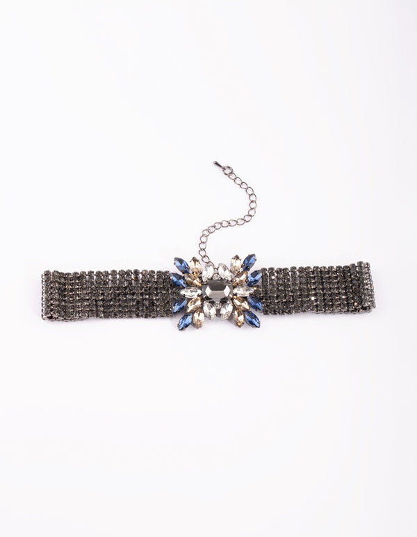 Gunmetal Diamante Flower Choker