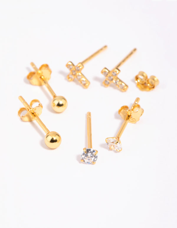 Gold Plated Sterling Silver Cross & Diamante Stud Earring Pack