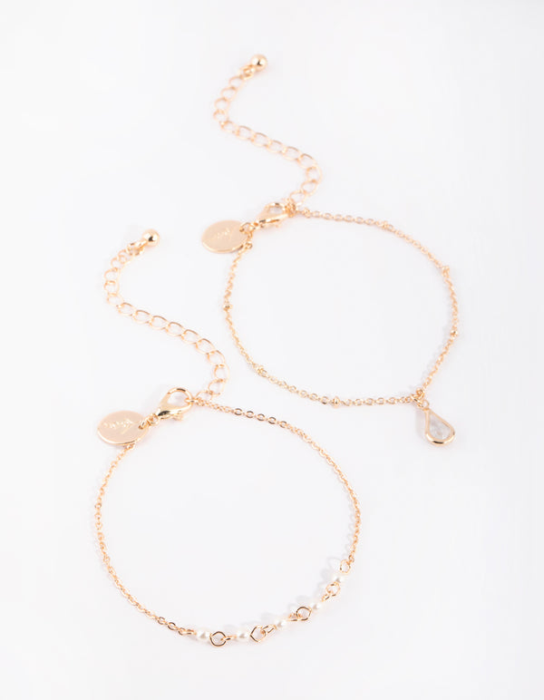 Gold Pearl & Teardrop Diamante Bracelet Set