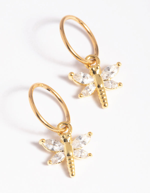 Gold Plated Surgical Steel Cubic Zirconia Dragonfly Hoop Earrings
