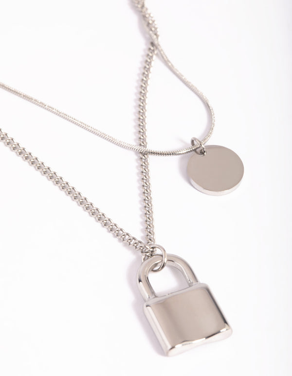 Waterproof Stainless Steel Disc & Padlock Layered Necklace