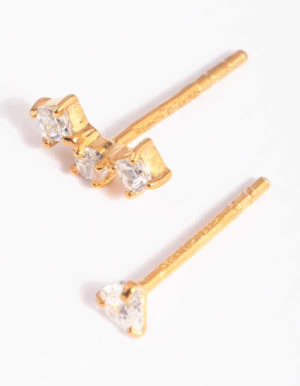 Gold Plated Sterling Silver Mismatched Diamante Stud Earrings