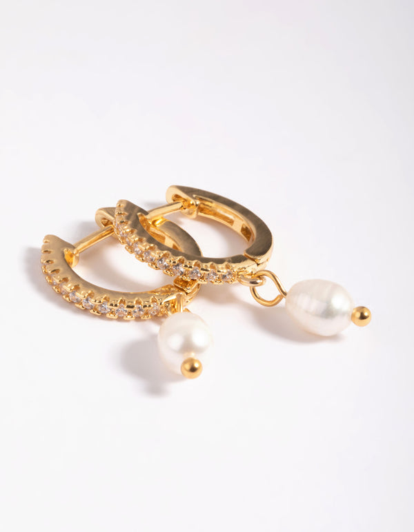 Gold Plated Brass Cubic Zirconia Pearl Huggie Hoop Earrings