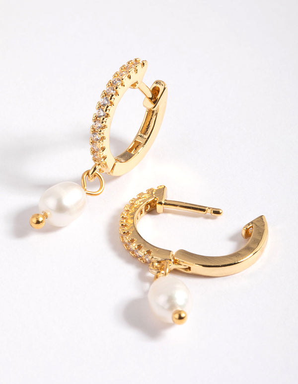 Gold Plated Brass Cubic Zirconia Pearl Huggie Hoop Earrings