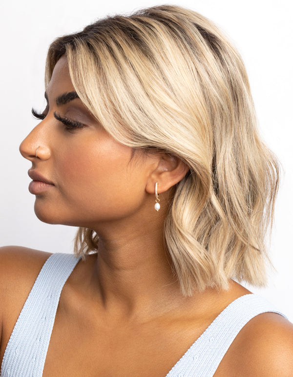 Gold Plated Brass Cubic Zirconia Pearl Huggie Hoop Earrings