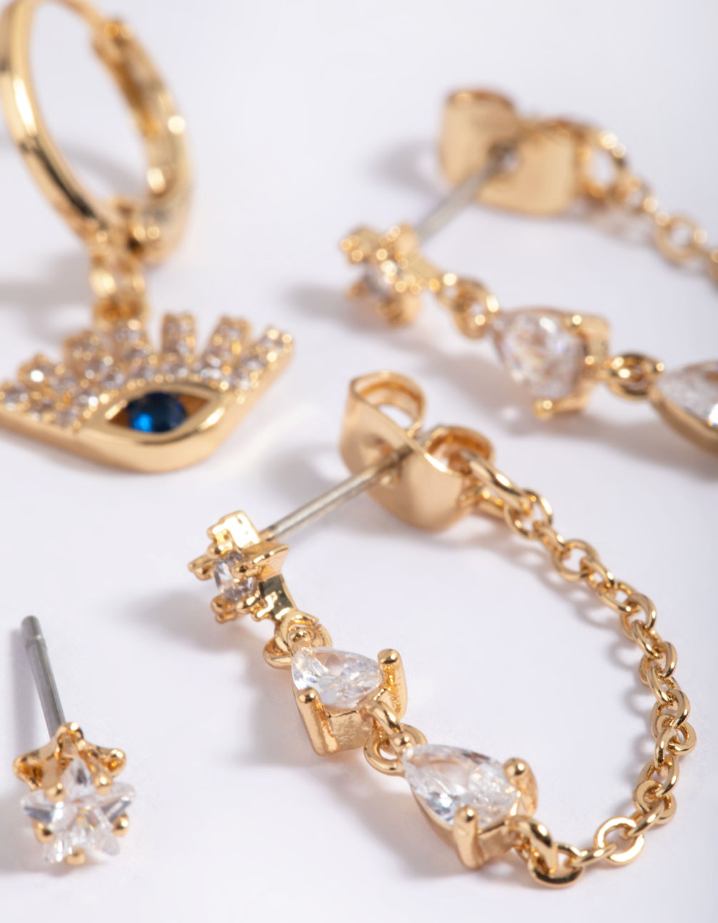 Gold Plated Brass Cubic Zirconia Evil Eye Earring Stack 6-Pack