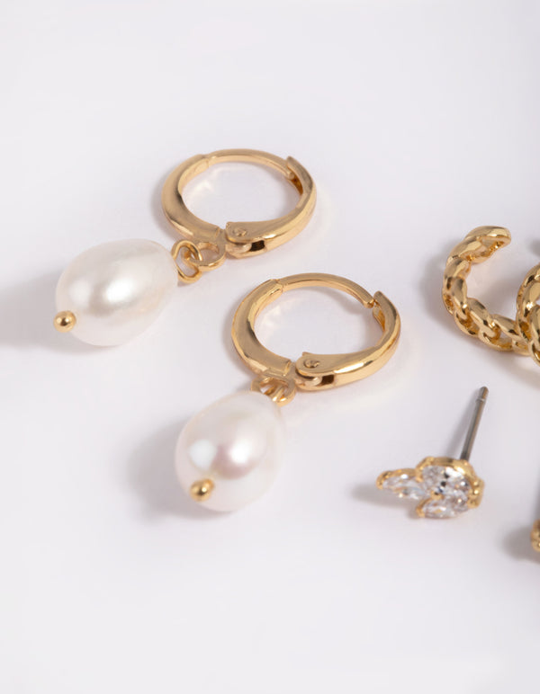 Gold Plated Brass Flat Pearl Hugie Hoop Earrings