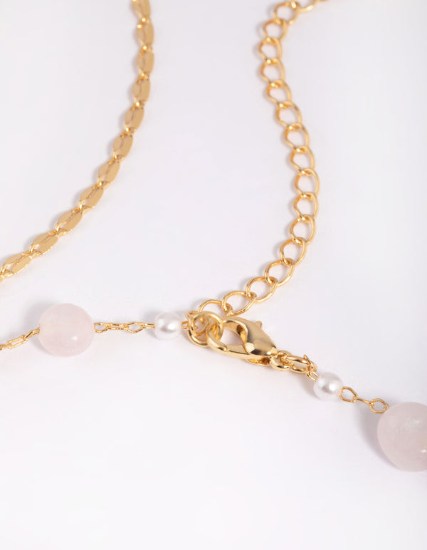 Gold Plated Rose Quartz Chain Anklet Set