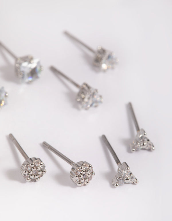 Silver Cubic Zirconia Pave Stud Earring 6-Pack