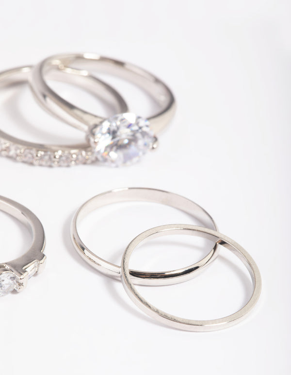 Silver Cubic Zirconia Solitaire Ring Stack Pack