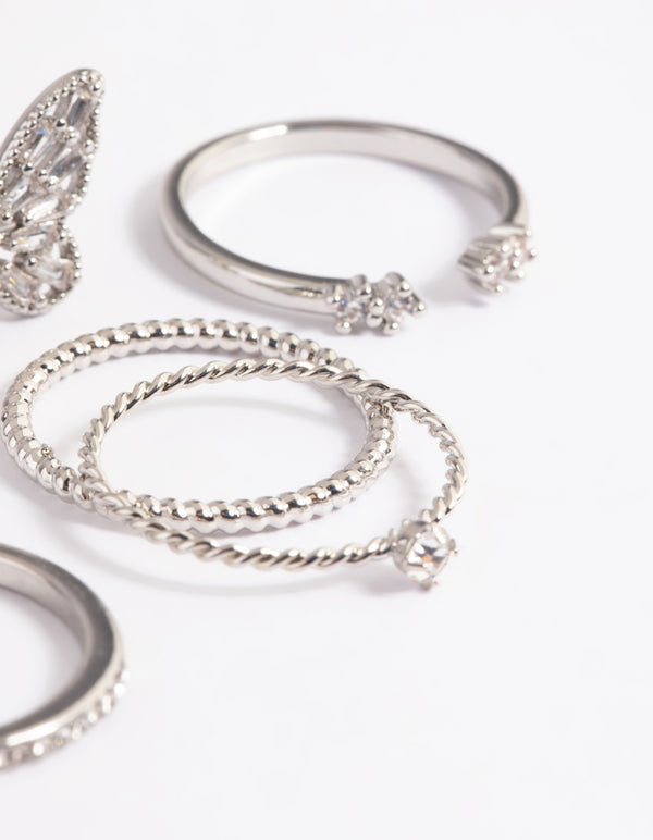 Silver Cubic Zirconia Butterfly Ring Stack Pack