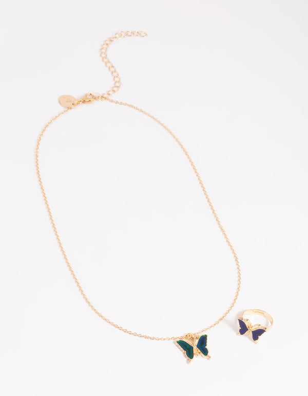 Kids Butterfly Mood Necklace & RIng Set