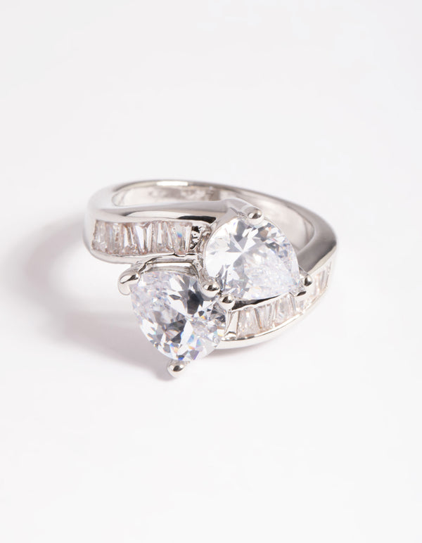 Silver Cubic Zirconia Pear Cross Over Ring