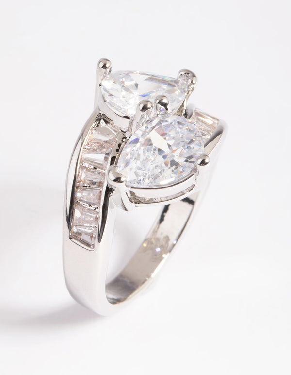 Silver Cubic Zirconia Pear Cross Over Ring