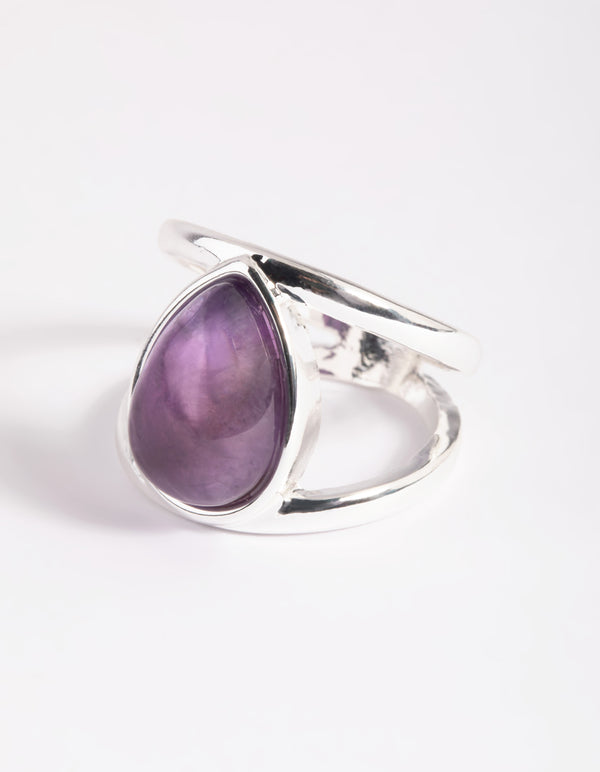 Silver Purple Pear Stone Band Ring