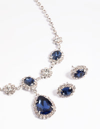 Silver Diamond Simulant Sapphire Flower Necklace & Earrings Set - link has visual effect only