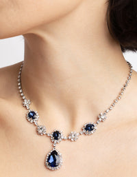 Silver Diamond Simulant Sapphire Flower Necklace & Earrings Set - link has visual effect only