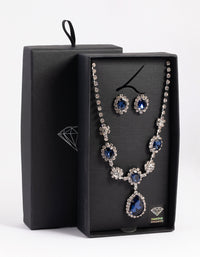Silver Diamond Simulant Sapphire Flower Necklace & Earrings Set - link has visual effect only