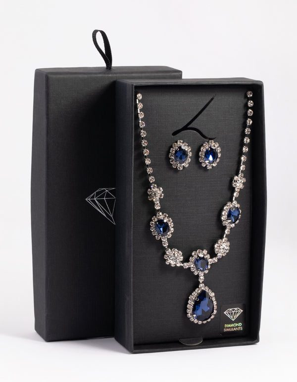 Silver Diamond Simulant Sapphire Flower Necklace & Earrings Set