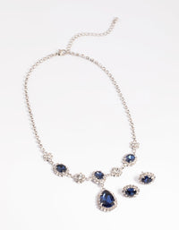 Silver Diamond Simulant Sapphire Flower Necklace & Earrings Set - link has visual effect only