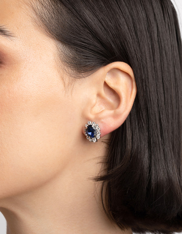 Silver Diamond Simulant Sapphire Flower Necklace & Earrings Set