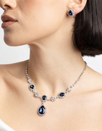Silver Diamond Simulant Sapphire Flower Necklace & Earrings Set - link has visual effect only