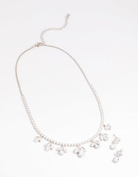 Silver Diamond Simulant Flower Necklace & Earrings Set - link has visual effect only