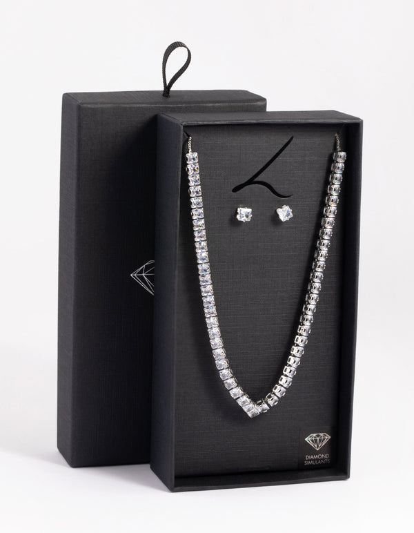 Silver Diamond Simulant Square Necklace & Earrings Set