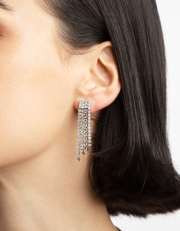 Rhodium Diamond Simulant Waterfall Necklace & Earrings Set