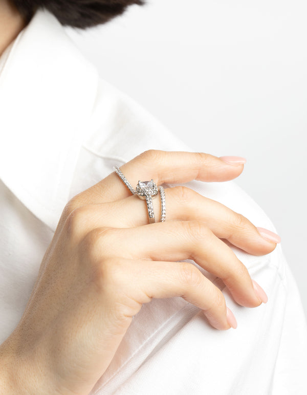 Silver Diamond Simulant Square Ring Pack