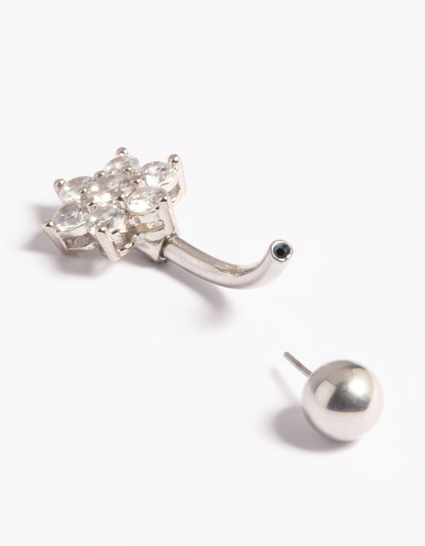 Platinum Plated Titanium Threadless Cubic Zirconia Flower Belly Bar