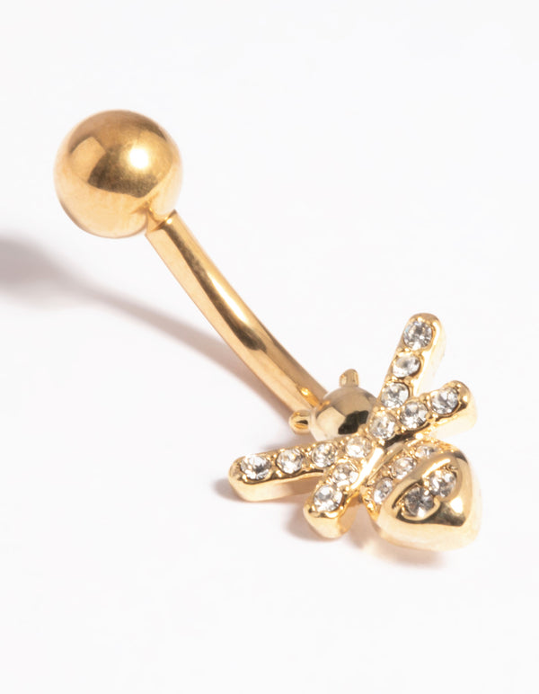 Gold Plated Titanium Threadless Cubic Zirconia Bee Belly Bar