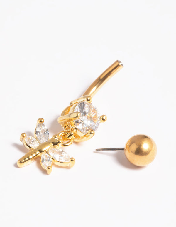 Gold Plated Titanium Threadless Dragonfly Belly Bar