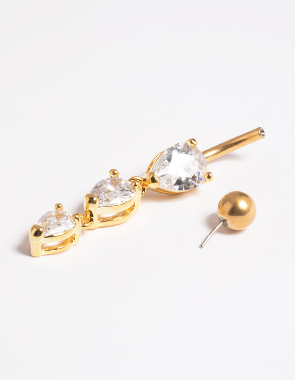 Gold Plated Titanium Threadless Crystal Pear Belly Bar