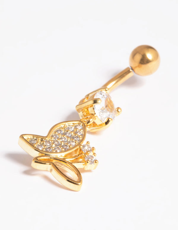 Gold Plated Titanium Threadless Pave Butterfly Belly Bar