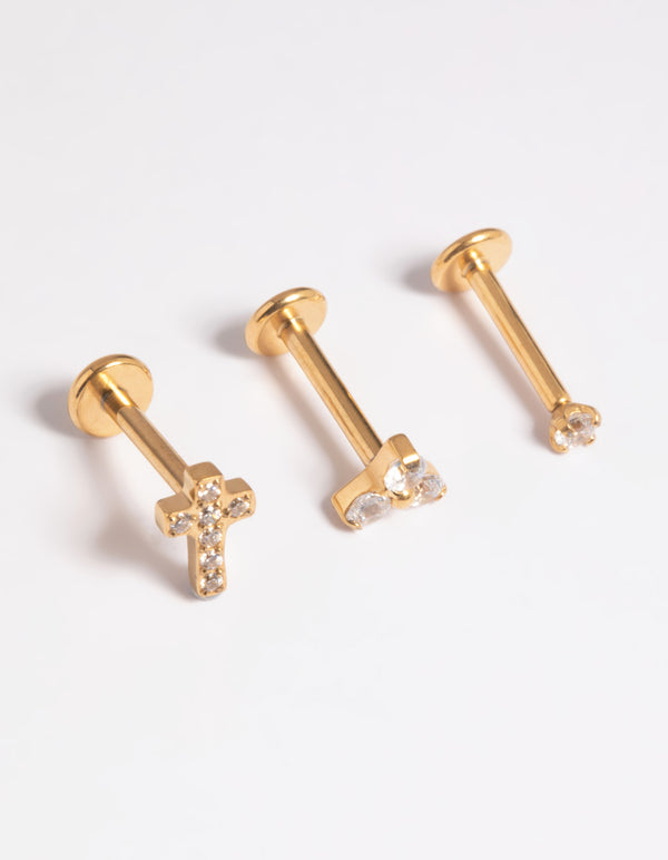 Gold Plated Titanium Threadless Cubic Zirconia Cross Flat Back Pack