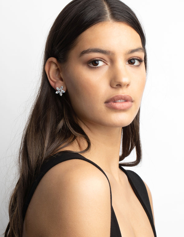 Silver Cubic Zirconia Flower Stud Earrings