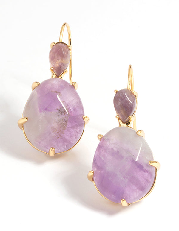 Gold Plated Semi Precious Stone Oval Drop Earrings