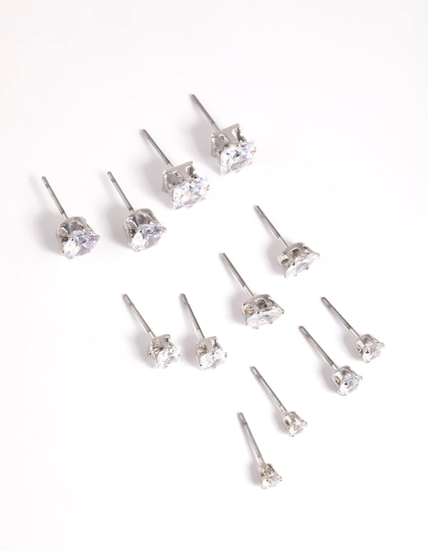 Silver Diamond Simulant Stud Earring 6-Pack