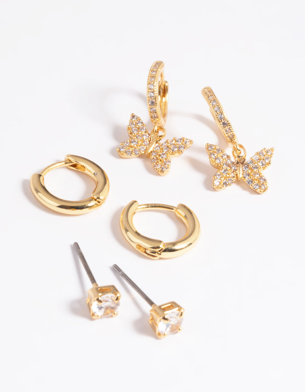 Gold Plated Brass Cubic Zirconia Butterfly Earring Stack 6-Pack