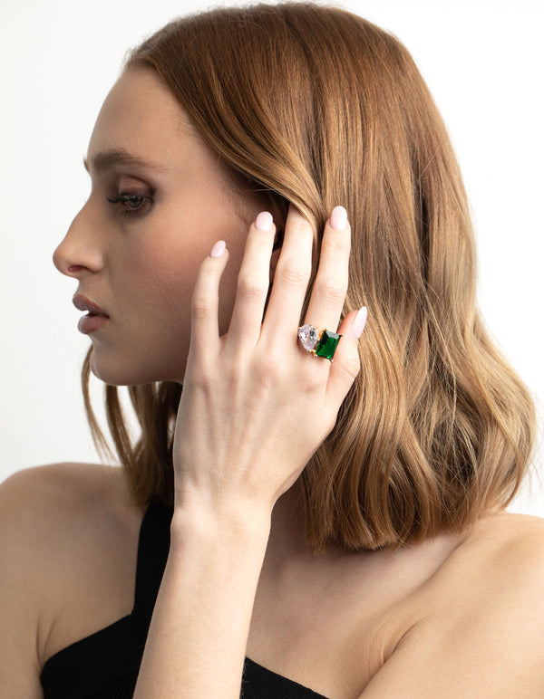 Silver Cubic Zirconia Green Statement Ring
