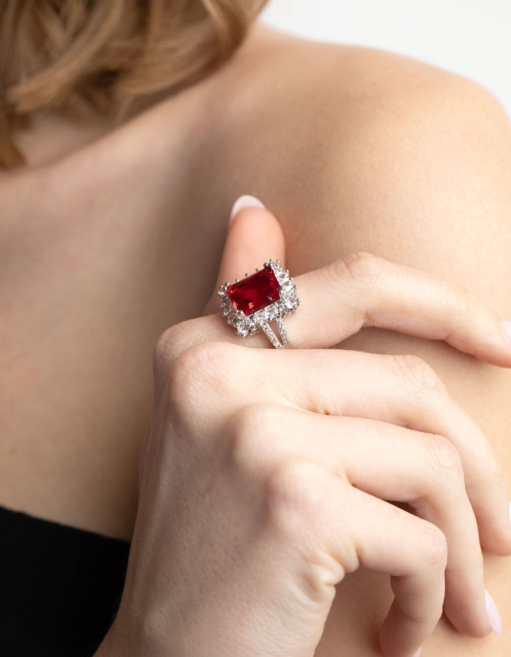 Silver Cubic Zirconia Red Asscher Ring