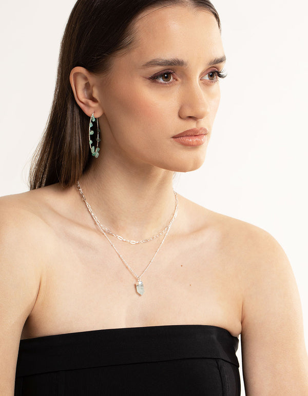 Silver Green Aventurine Hoop Earrings