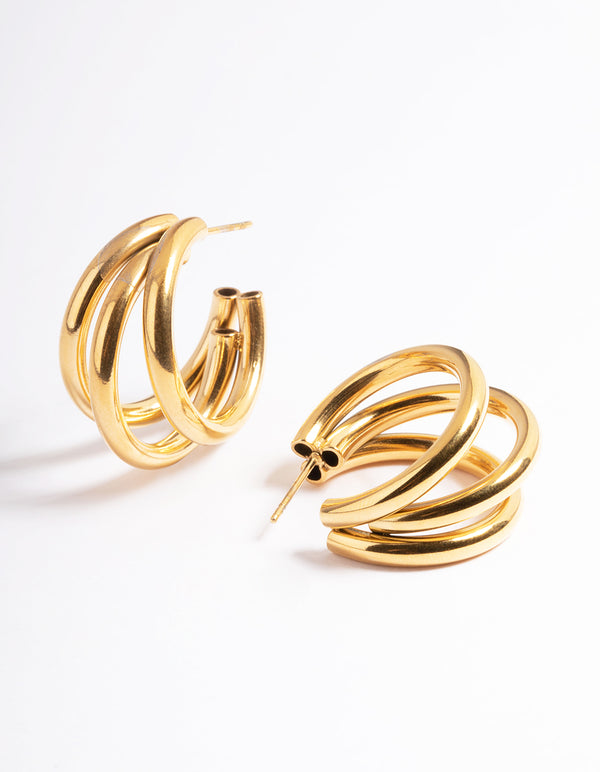Waterproof Gold Plated Stainless Steel Triple Hoop Earrings