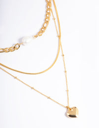 Waterproof Gold Plated Stainless Steel Heart & Freshwater Pearl Layered Necklace - link has visual effect only