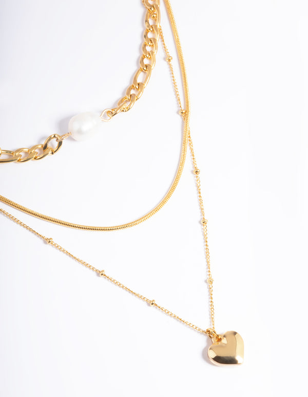 Waterproof Gold Plated Stainless Steel Heart & Freshwater Pearl Layered Necklace