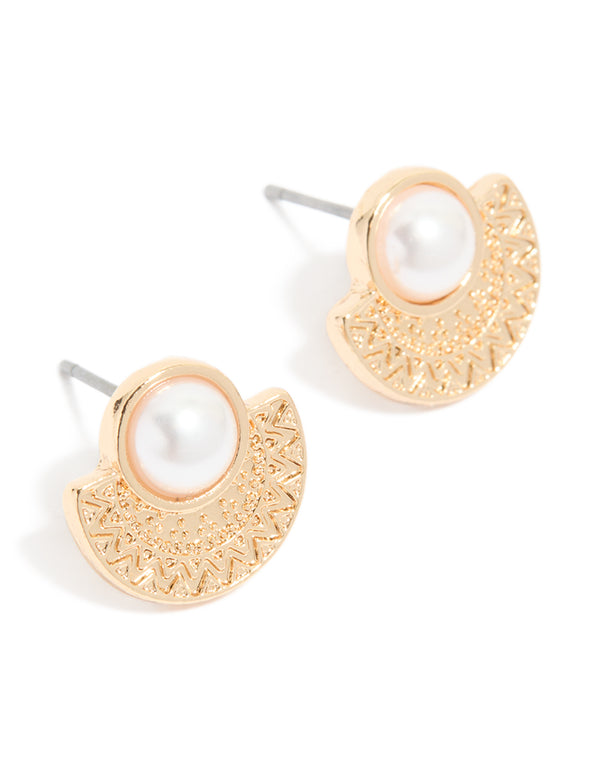 Gold Pearl Etched Stud Earrings